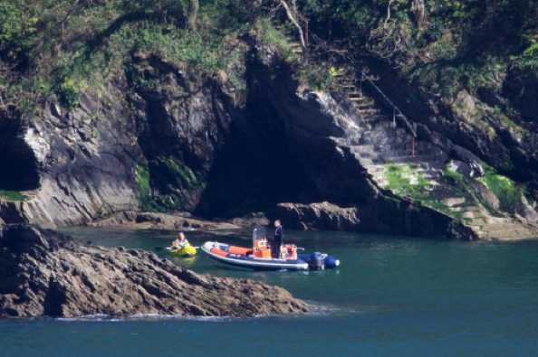 15 April 2020 -15-58-29 
Who knows what was being said / asked ?
But we can guess. A Dart Harbour patrol checks on a kayaker.
---------------------
Dart harbour lockdown
